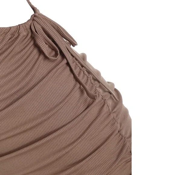 Ribbed V-Neck Waist Side Cutout Tie Ruched Slinky Bodycon Mini Dress Coffee S - Picture 7 of 15